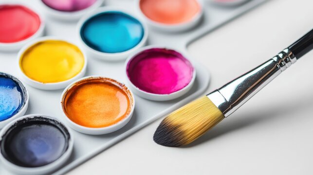 Vibrant watercolor paints and a brush arranged on a clean surface ready for creative expression