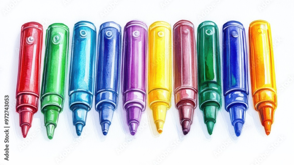 Poster a vibrant collection of colorful markers arranged in a neat row on a white background showcasing cre