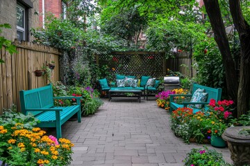 The beautiful urban backyard garden shows relaxing patio furniture.
