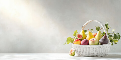 A white basket filled with various fruits, including pears and apples, placed on a plain surface with a light, neutral background.