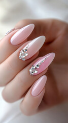  Manicure, pink gradient color with crystal decoration on the nails, white background, long curly nails, elegant fingers