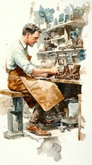 A shoemaker repairs leather boots in a workshop filled with tools and materials during the late afternoon light
