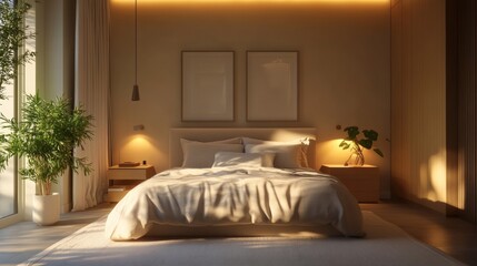 Fototapeta premium Cozy and serene bedroom with natural light and plants in a modern, minimalistic design during the afternoon