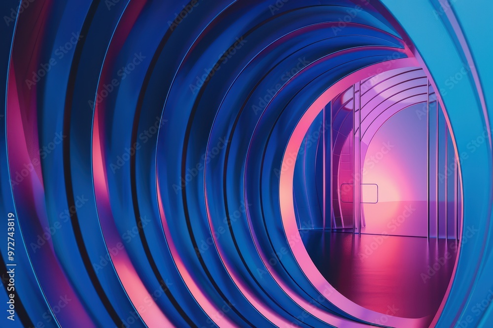 Poster a vibrant abstract hallway featuring circular shapes with colorful gradients, creating a surreal and