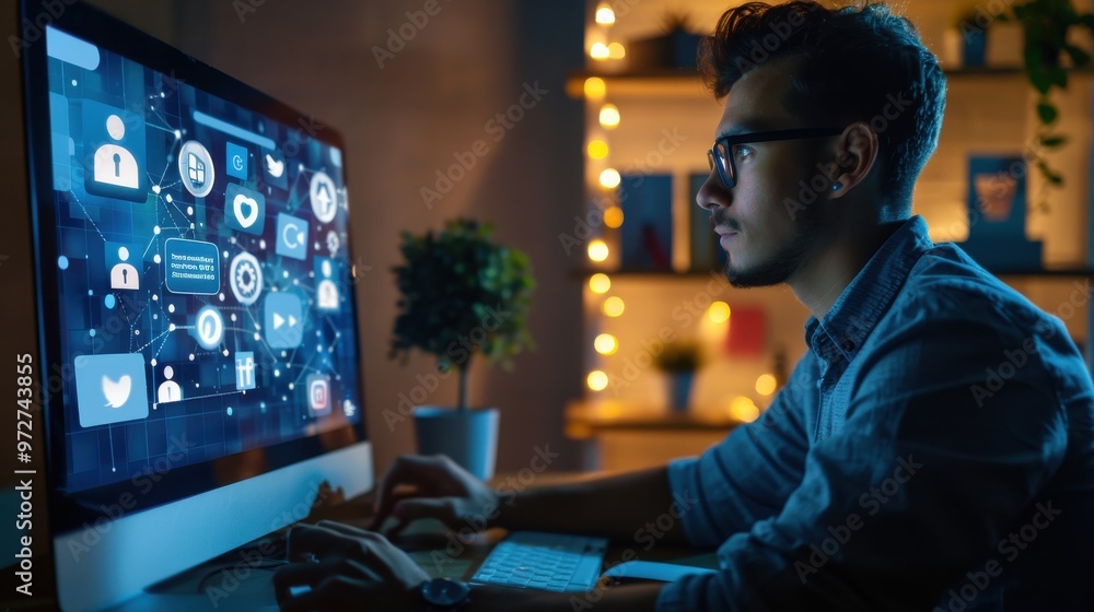 Poster young man working on a computer at night, analyzing social media data and exploring digital connecti