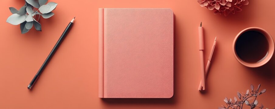 Flat lay of a coral notebook, pens, a coffee cup, and greenery on an orange background, perfect for creative workspace inspiration.