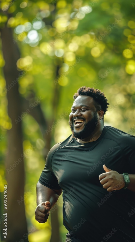 Poster a man is running in a park and smiling
