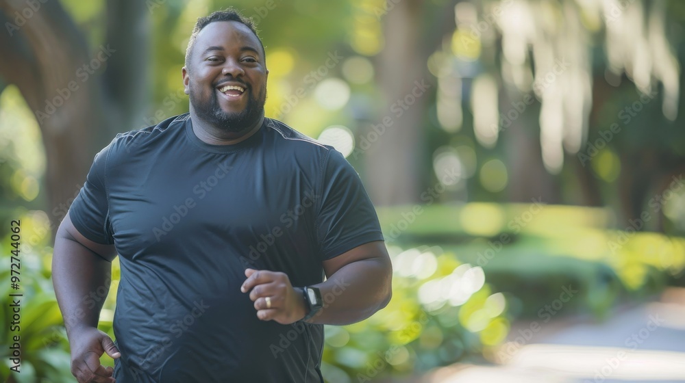 Poster a man is running in a park with a smile on his face