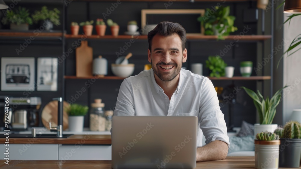 Aufkleber a man is sitting at a table with a laptop in front of him