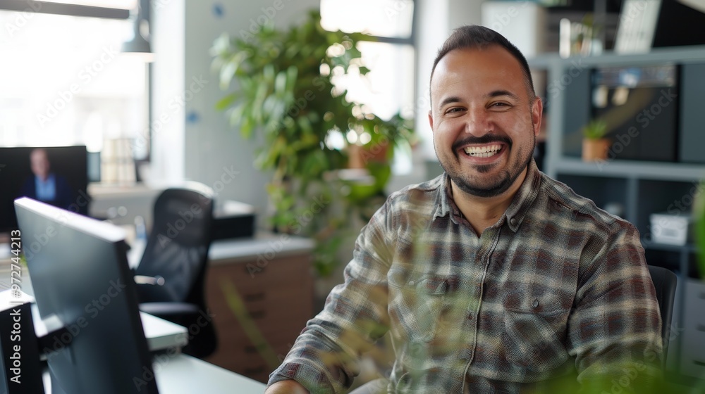 Aufkleber a man with a plaid shirt is smiling in front of a computer monitor