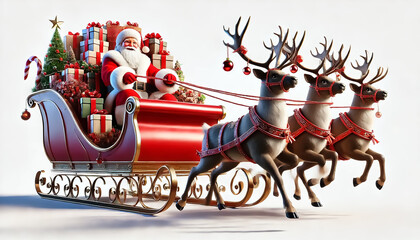 Santa Claus with his reindeer, fantastic Christmas wallpaper on isolated white background, 3d