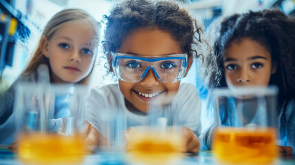 Three young girls engaged in science experiments with colorful liquids in a lab setting, showcasing curiosity and exploration