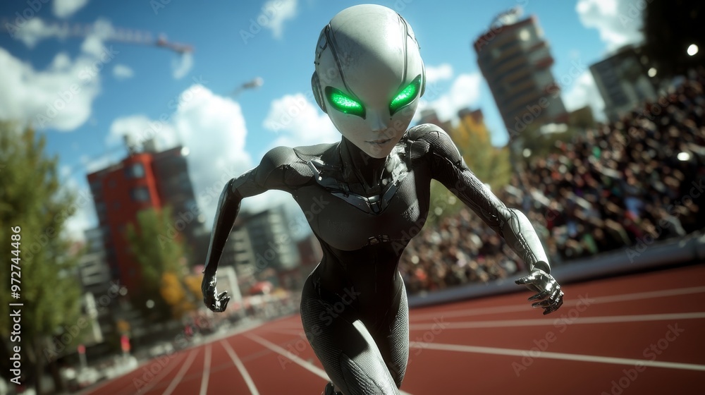 Poster stock coexistence. running humanoid robot with many people in the background. ai robot with movement