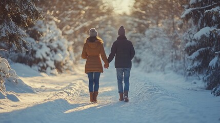 Couple enjoying a peaceful walk through a snow-covered forest, their hands clasped tightly and smiles on their faces. 4K hyperrealistic photo.