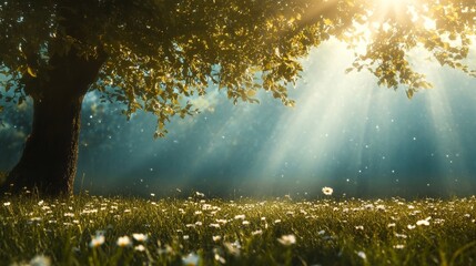 Obraz premium Sunlight streaming through a tree canopy in a tranquil meadow filled with wildflowers during a peaceful morning