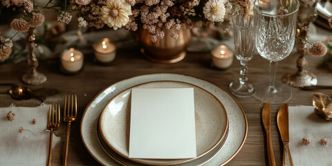 Elegant dinner table setup adorned with floral arrangements and candlelight, perfect for a special...