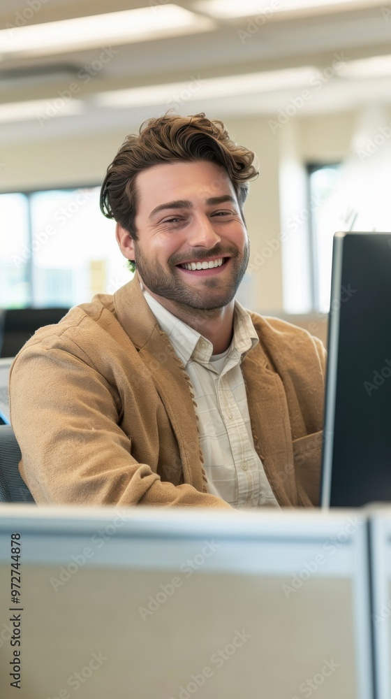 Leinwandbilder a man is smiling and sitting in front of a computer
