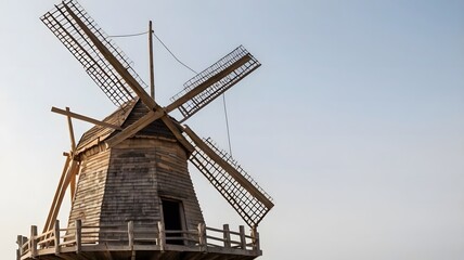 Traditional Dutch windmill in a rural countryside landscape with wooden sails and a historic architecture