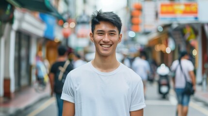 Fototapeta premium A young man is smiling and standing in the middle of a busy street