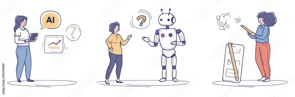 Poster collection of scenes with character interacting with ai chat bot. neural network technology concept.