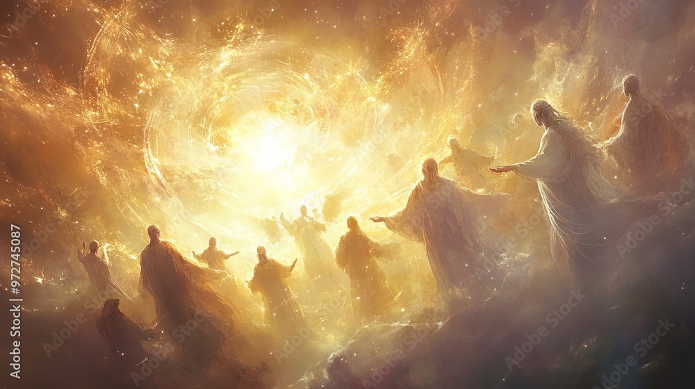 Poster formation of radiant beings in a divine light during celestial gathering in a mystical realm