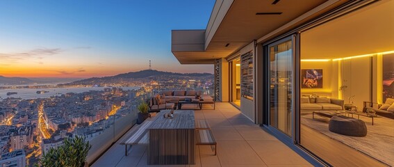 Obraz premium Living room with patio and city views illuminated by natural light