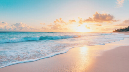 Fototapeta premium A serene beach at sunrise, with the sun just above the horizon and waves gently lapping against the shore.