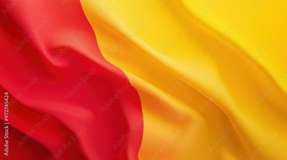 Poster colorful fabric waves featuring red and yellow hues, showcasing texture and movement in soft lightin