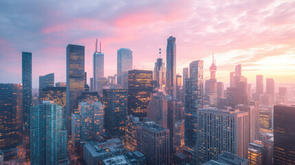 Obraz premium A city skyline at sunrise, with skyscrapers bathed in the soft, golden light of dawn and the sky transitioning from night to day.
