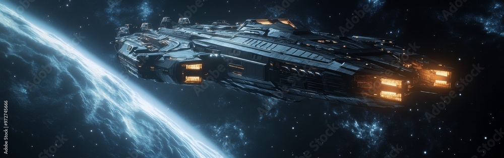 Poster a futuristic spacecraft glides through a starry expanse above a distant blue planet in deep space
