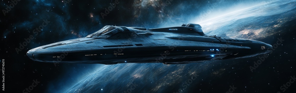 Poster Futuristic spaceship gliding through the starry cosmos in a breathtaking display of space exploration at twilight
