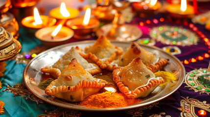 Fototapeta premium A plate of samosas, decorated for Diwali celebration.