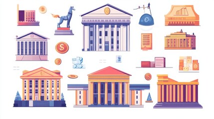 Collection of illustrated bank buildings and financial symbols in a vibrant color palette.