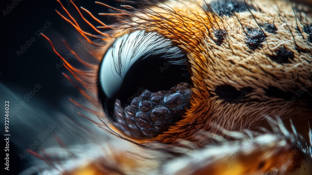Poster Close-up view of a spider's eye showcasing intricate details and textures, highlighting its unique features and surrounding hair-like structures