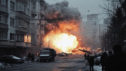 A powerful explosion rocks an urban neighborhood during winter, causing chaos and destruction, with smoke and debris filling the air