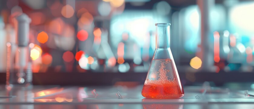 A vibrant laboratory scene featuring a glowing flask with red liquid, showcasing the essence of scientific exploration.