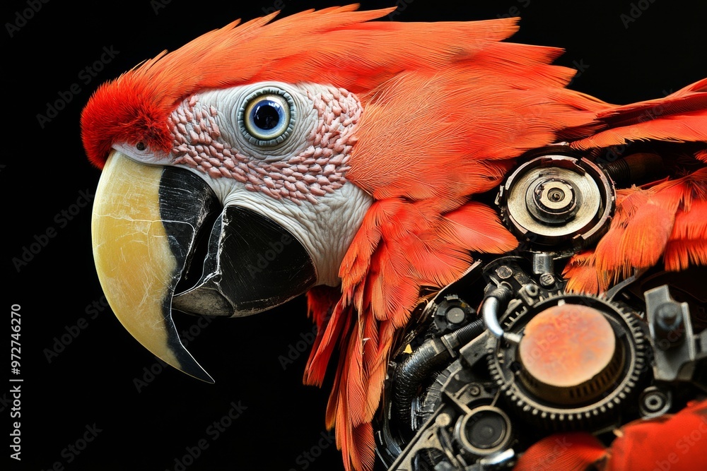 Poster a detailed close-up view of a technological robotic bird parrot gadget. white little robot pet. futu
