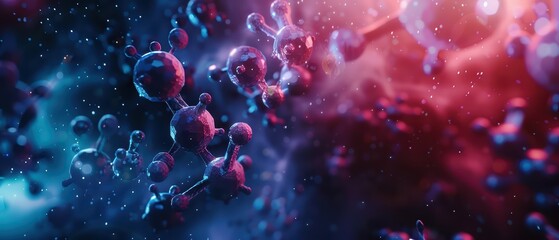 A vibrant representation of molecular structures in a dynamic, colorful cosmos, ideal for scientific and educational purposes.