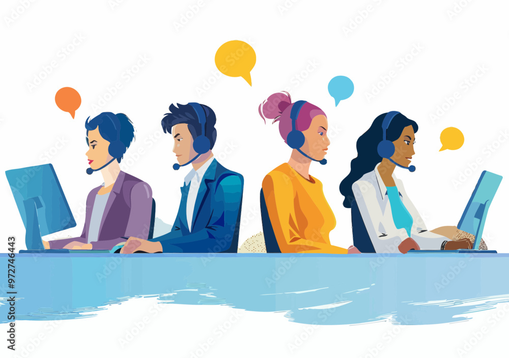 Poster customer service representatives working in a call center with headsets providing 24-hour technical 