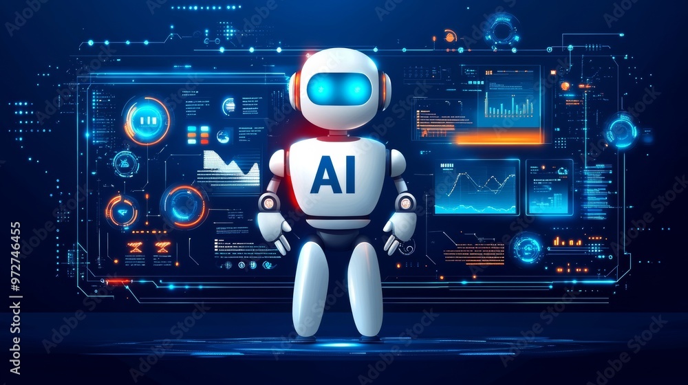 Poster robot character working on various abstract tasks and software. modern illustration with blue backgr