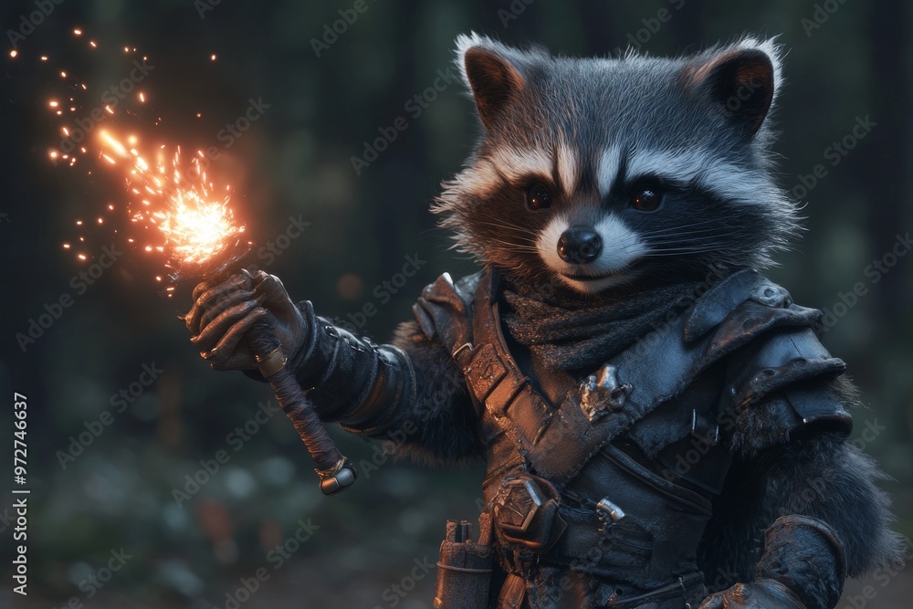 Poster the image is created using generative ai and shows a powerful raccoon wizard using dark magic