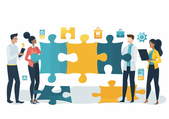 Team of Experts Solving Puzzle Together: Collaborative Web, Advertising, HR, Accounting Solutions in Minimalist Vector Illustration for Business Strategy and Teamwork Concepts