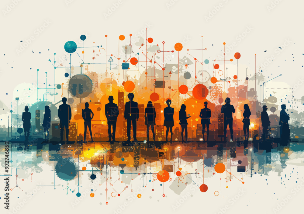 Poster collaborative teamwork for success in business concept vector illustration with silhouettes and netw