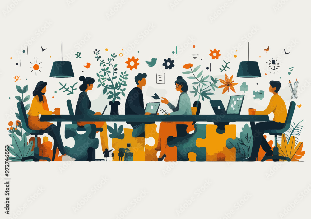 Poster collaborative team meeting with puzzle pieces discussing new project in minimalistic vector illustra