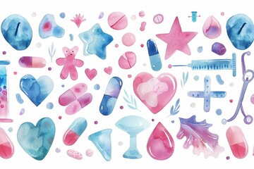 A vibrant watercolor collection featuring colorful medical and wellness elements in playful shapes and soft hues.