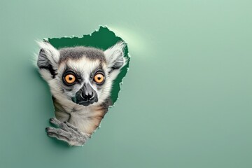 A lemur peeking through a torn green background, with a curious expression, isolated on green with copy space