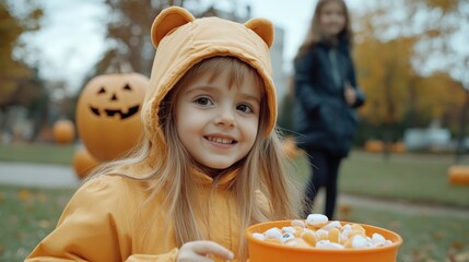 Adorable Kids in Pumpkin Costumes Trick-or-Treating with Candy-Filled Buckets on a Sunny Autumn Day Perfect for Halloween Decorations, Social Media, and Fall-Themed Projects Download This