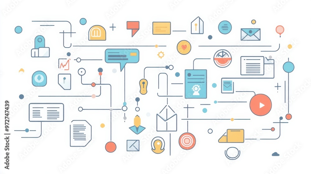Fototapete A colorful digital interface filled with various communication symbols and icons representing messaging, data, and connectivity