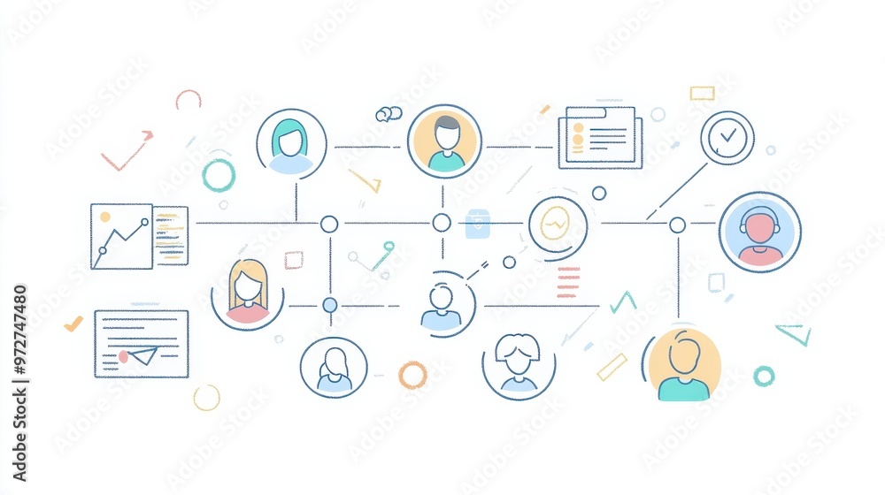Poster Illustration of a collaborative network with diverse individuals connecting through digital resources in a modern workspace setting