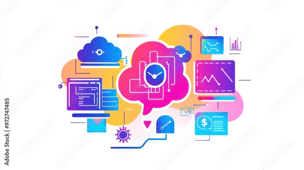 Poster Colorful digital illustration of cloud computing with various icons depicting data analytics and time management concepts